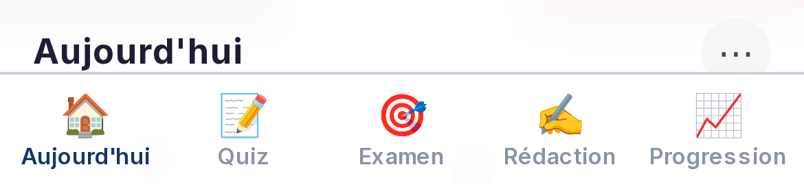 Coach Admis installée sur mobile : barre de navigation par onglets en bas (Aujourd'hui, Quiz, Examen, Rédaction, Progression), comme une application native