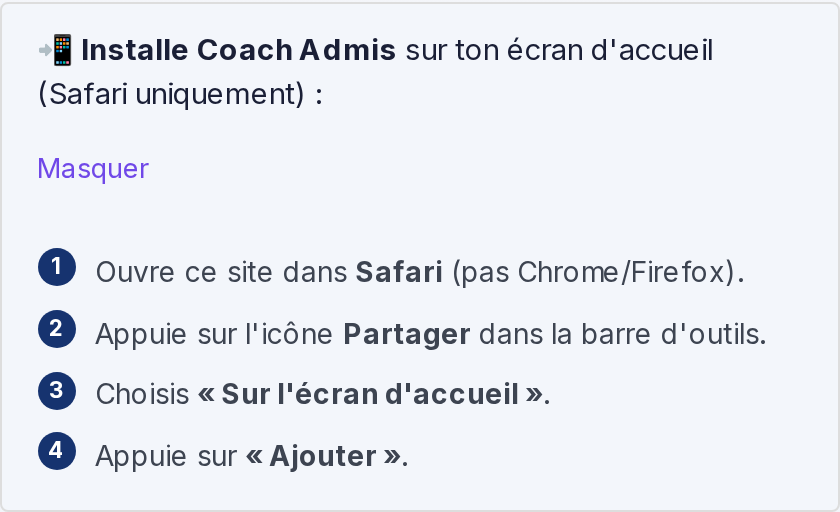 Carte d'installation Coach Admis affichée sur le tableau de bord, sur iPhone : 4 étapes pour ajouter l'application à l'écran d'accueil depuis Safari
